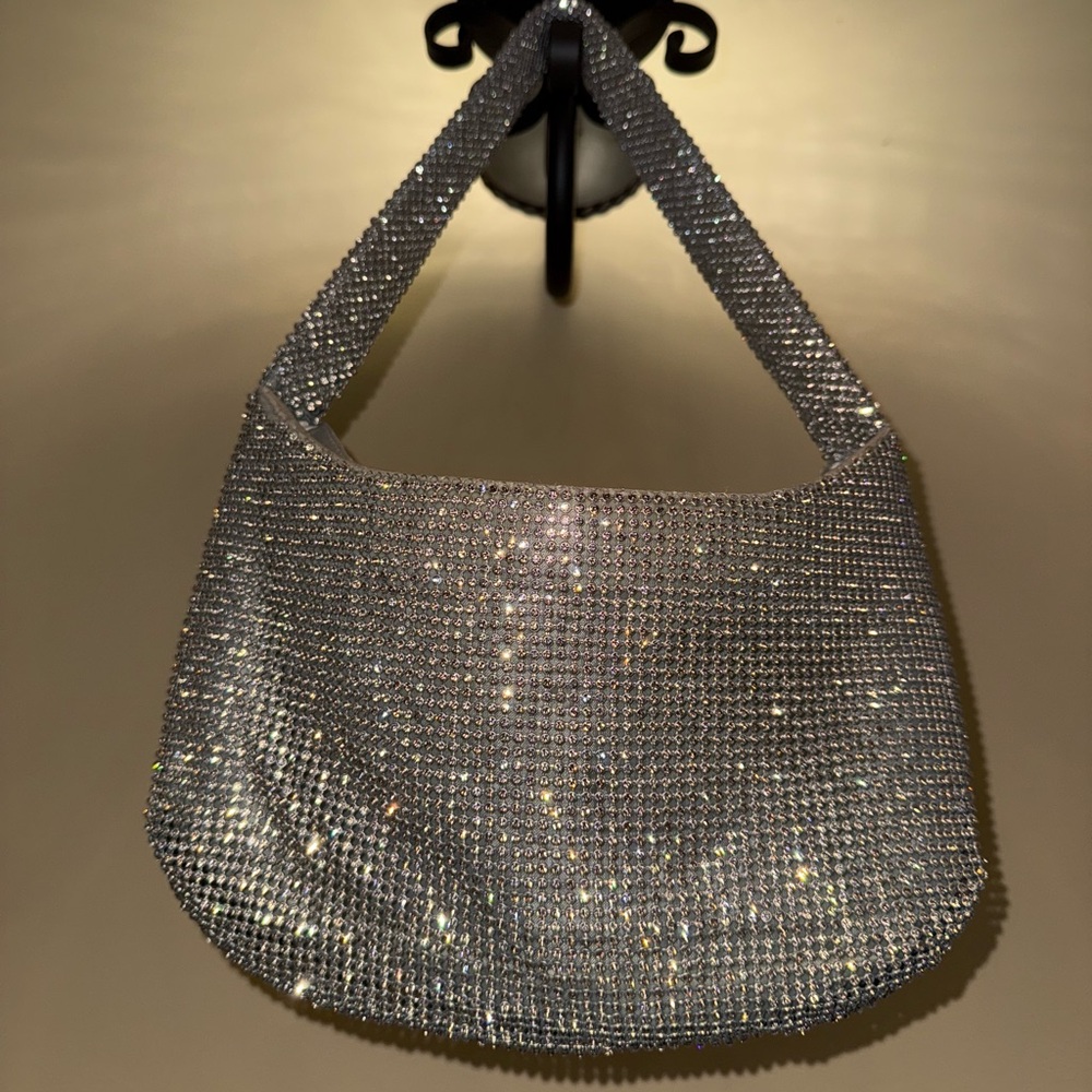 ASOS DESIGN 90s shoulder bag in silver diamante diamond rhinestone weaved y2k
